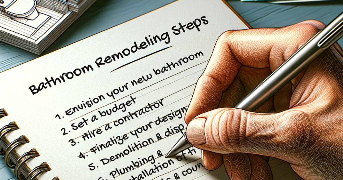 Image of hand writing in a notebook with a list showing bathroom remodeling steps.