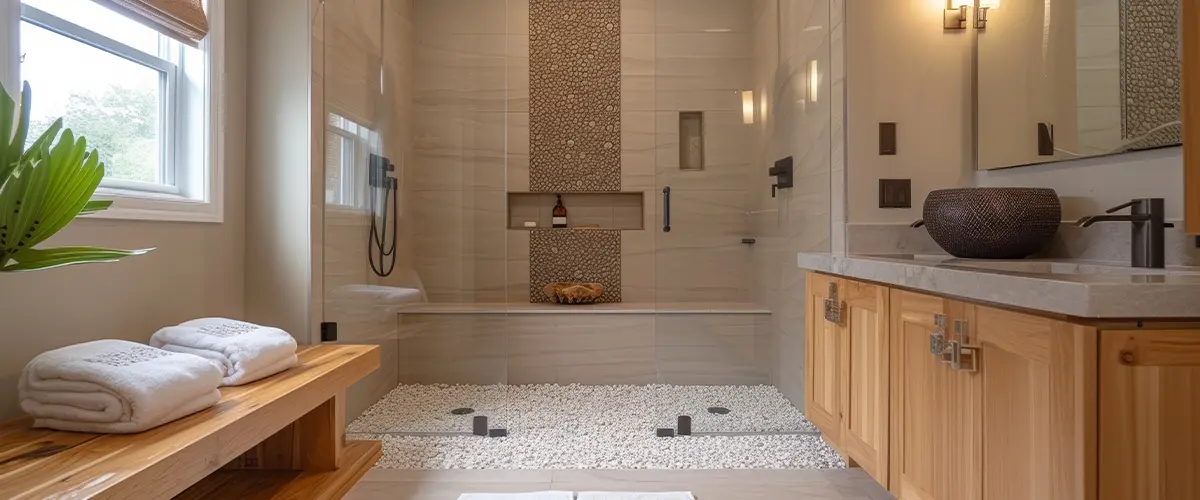 A tranquil bathroom featuring a frameless glass shower, pebble flooring