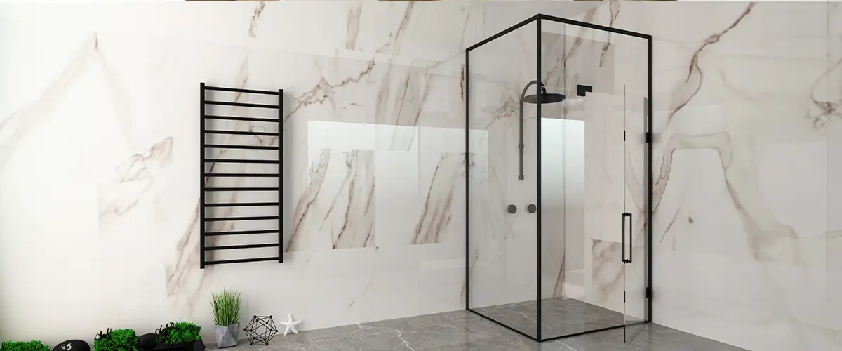 Luxurious bathroom featuring a corner bathtub, large mirror, dark wood vanity, glass-enclosed shower, and decorative plants.