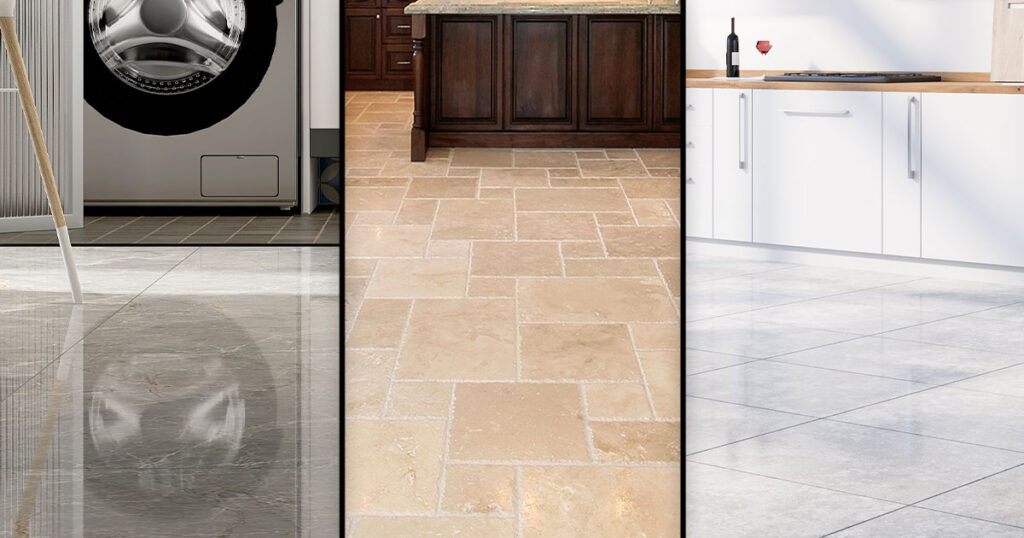 Collage showing three types of kitchen floor tiles: glossy gray, beige stone, and large white tiles