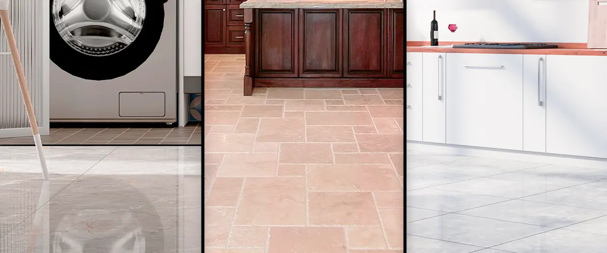 Collage showing three types of kitchen floor tiles: glossy gray, beige stone, and large white tiles