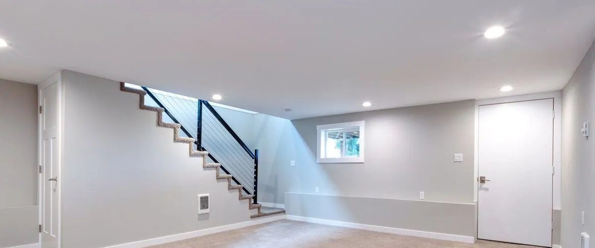 A newly remodeled basement with light gray walls, recessed lighting, and an open floor plan, featuring a modern staircase with a metal railing and carpeted steps, offering a bright and spacious area for various uses.