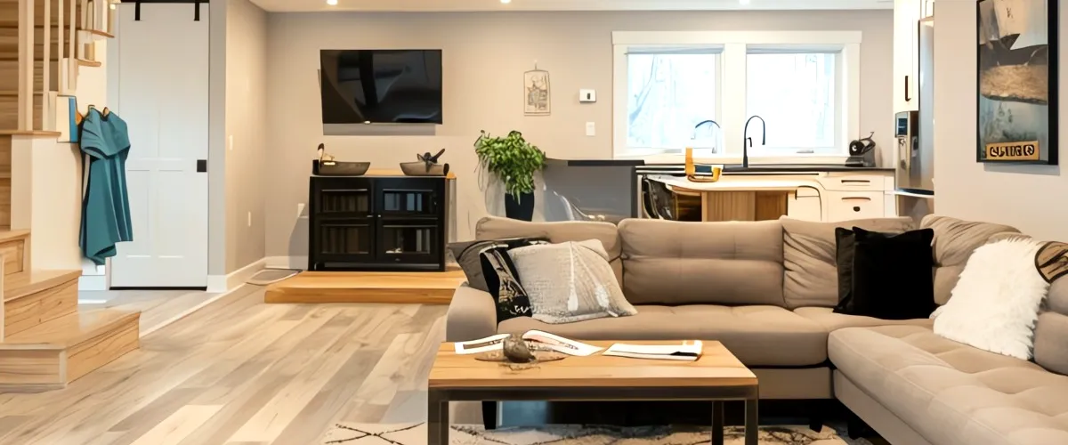 Modern living room with a wood-burning stove and staircase