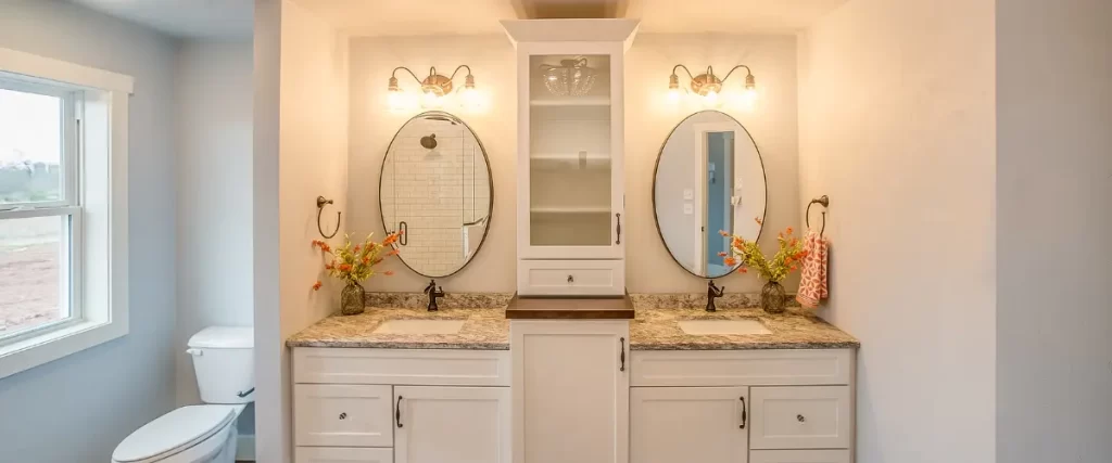 Traditional bathroom with a white double vanity and oval mirrors