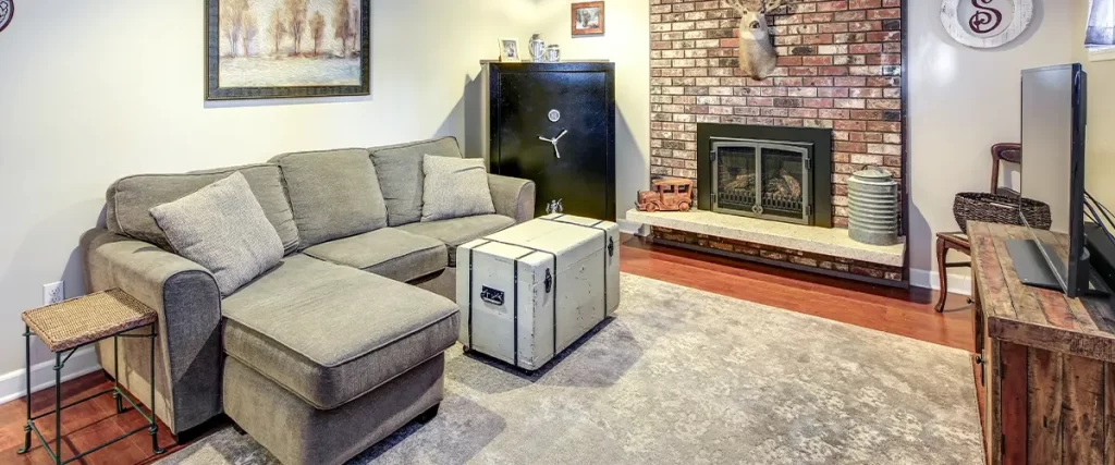 Cozy basement with a sectional sofa, fireplace, and rustic decor, a perfect example of a finished basement remodel.