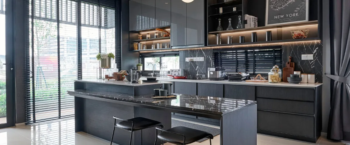 Luxury black cabinet and marble kitchen set