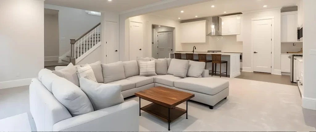 Modern basement living space with an open-concept kitchen, white furniture, and recessed lighting, ideal for home renovation inspiration.