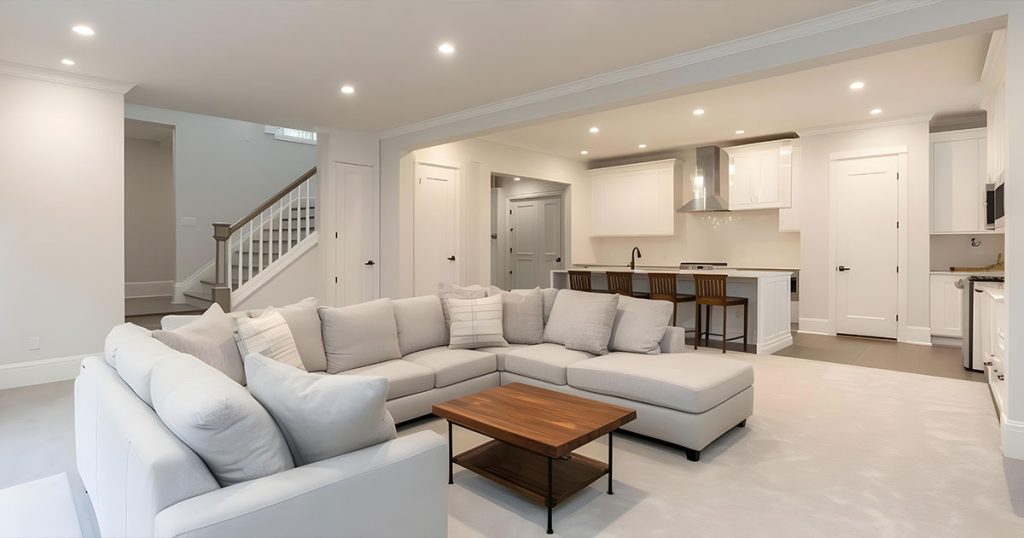 Modern basement living space with an open-concept kitchen, white furniture, and recessed lighting, ideal for home renovation inspiration.